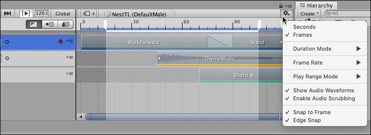 Click the Cog icon in the Timeline window to view the Timeline Settings menu