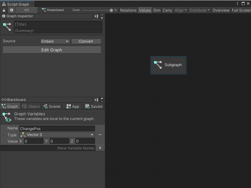 An image of the Graph window, that displays a new blank Subgraph node added to a Script Graph