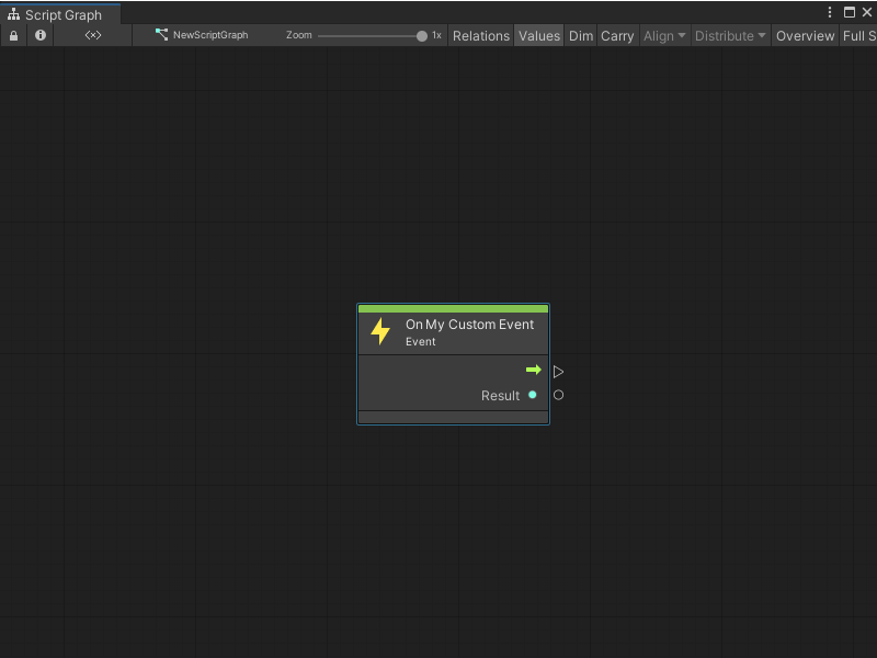 An image of the Graph Editor with the On my Custom Event node. It has a Trigger Output port and an integer data output port called Result.