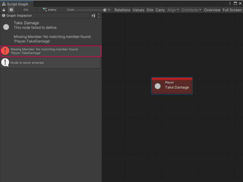 An image of the Graph window, that displays the Take Damage node and the Graph Inspector. The node is red, its ports no longer display, and the Graph Inspector states that "No matching member found."