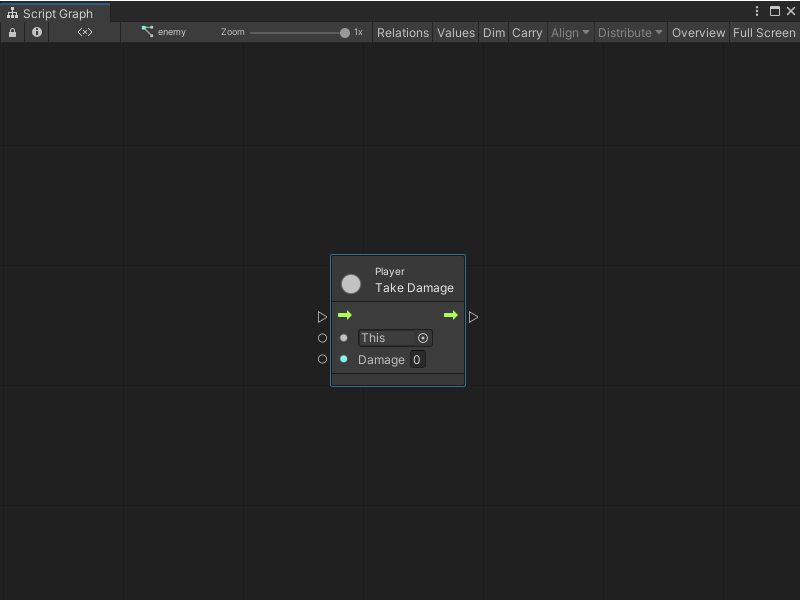 An image of the Graph window, that displays a node created from a custom C# script. The node is called Player Take Damage. It has an input trigger port, a GameObject input port set to This, and an input integer port called Damage. It has a single output trigger port.