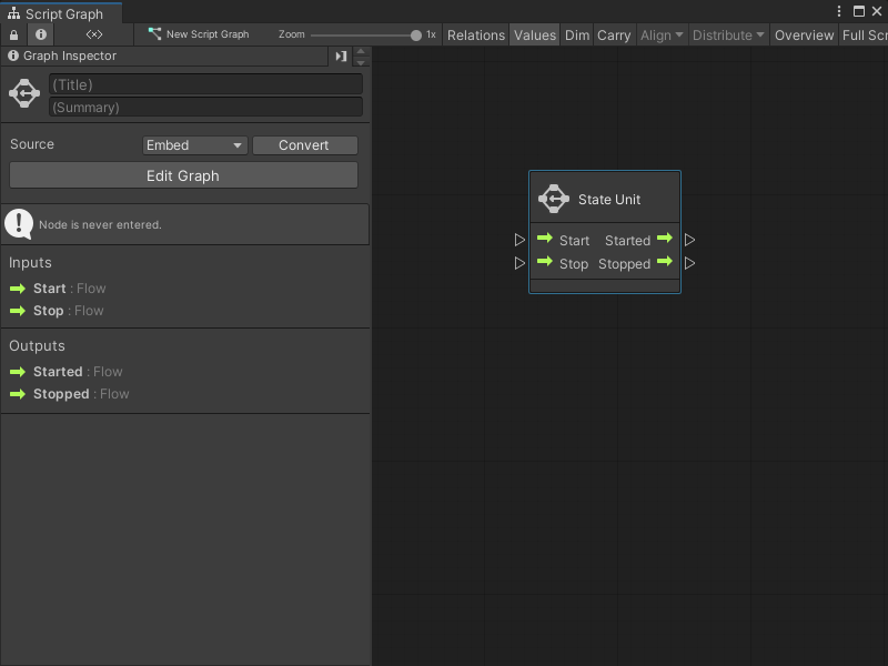 An image of the Graph window that displays a new blank State Unit node added to a Script Graph.