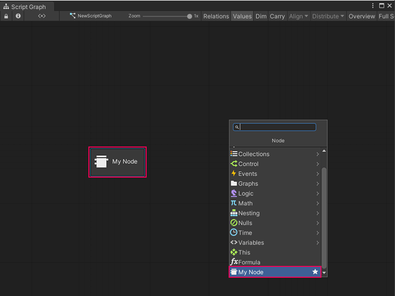 An image of the Graph window. The fuzzy finder is open and displays the Custom C# node, My Node, at the end of the list of all available nodes. The node has also been added to the Script Graph, but has no ports.