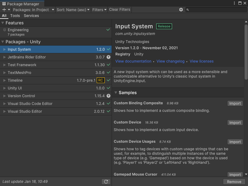 An image of the Package Manager window, that displays the Input System package.