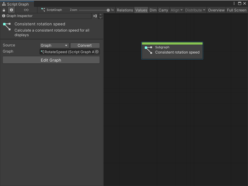 An image of the Graph window, that displays a new Subgraph node created from an existing Script Graph added to another Script Graph file.